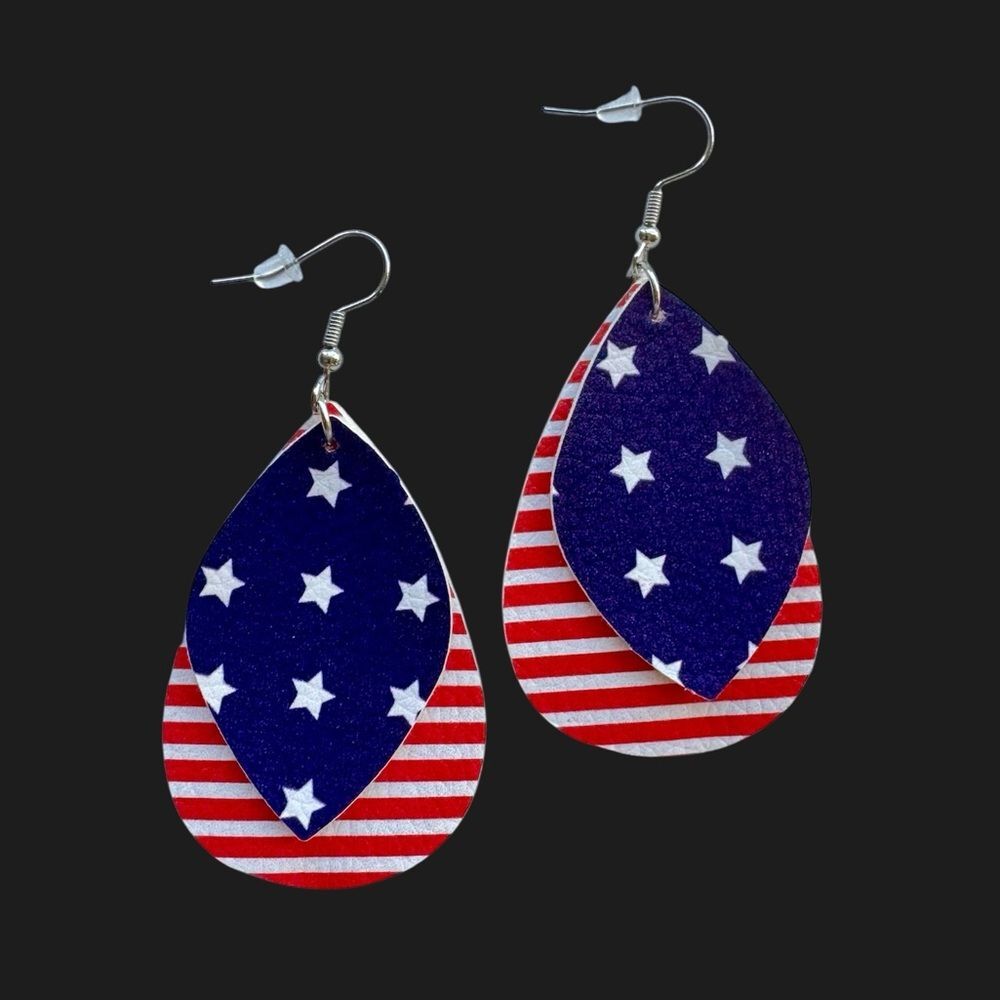 Patriotic Faux Leather Teardrop Dangle Earrings | Stars Stripes 4th of July USA
